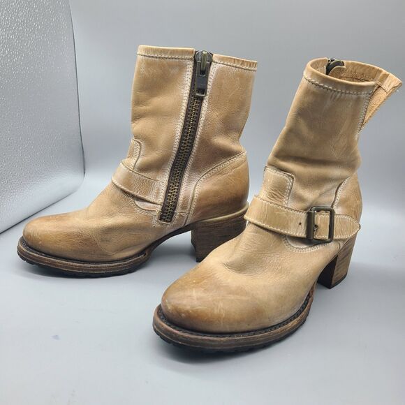 Freebird Carlito Boots Women Sz 7 Tan Distressed Leather Moto Biker Heel Zipper - Picture 2 of 12